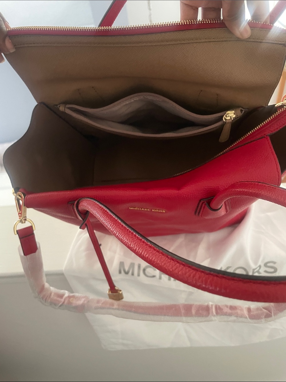 MICHAEL KORS Cherry Red Leather Tote with Gold Accent - Picture 6 of 8